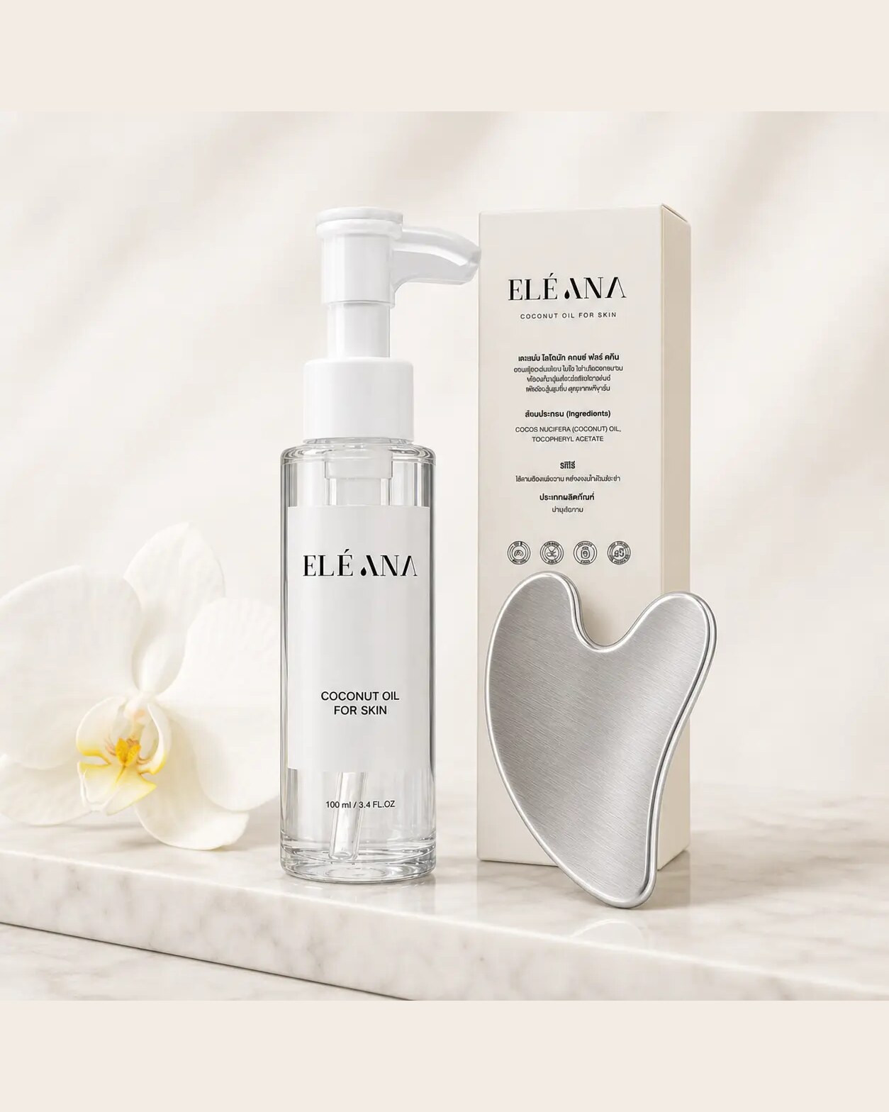 ELÉANA Coconut Oil bottle, stainless steel Gua Sha, and a woman using it along her cheek