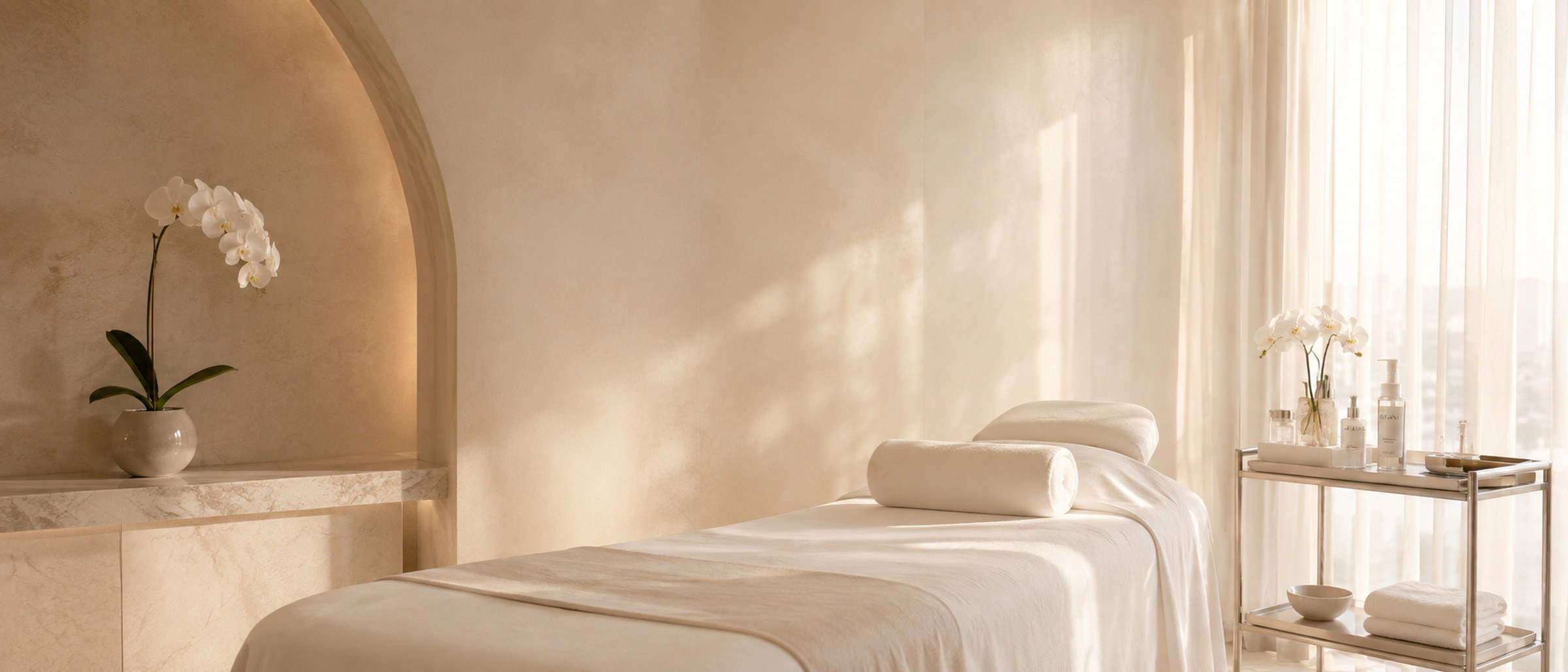 ห้องทรีตเมนต์ ELÉANA แสงธรรมชาติ เตียงทรีตเมนต์ และกล้วยไม้